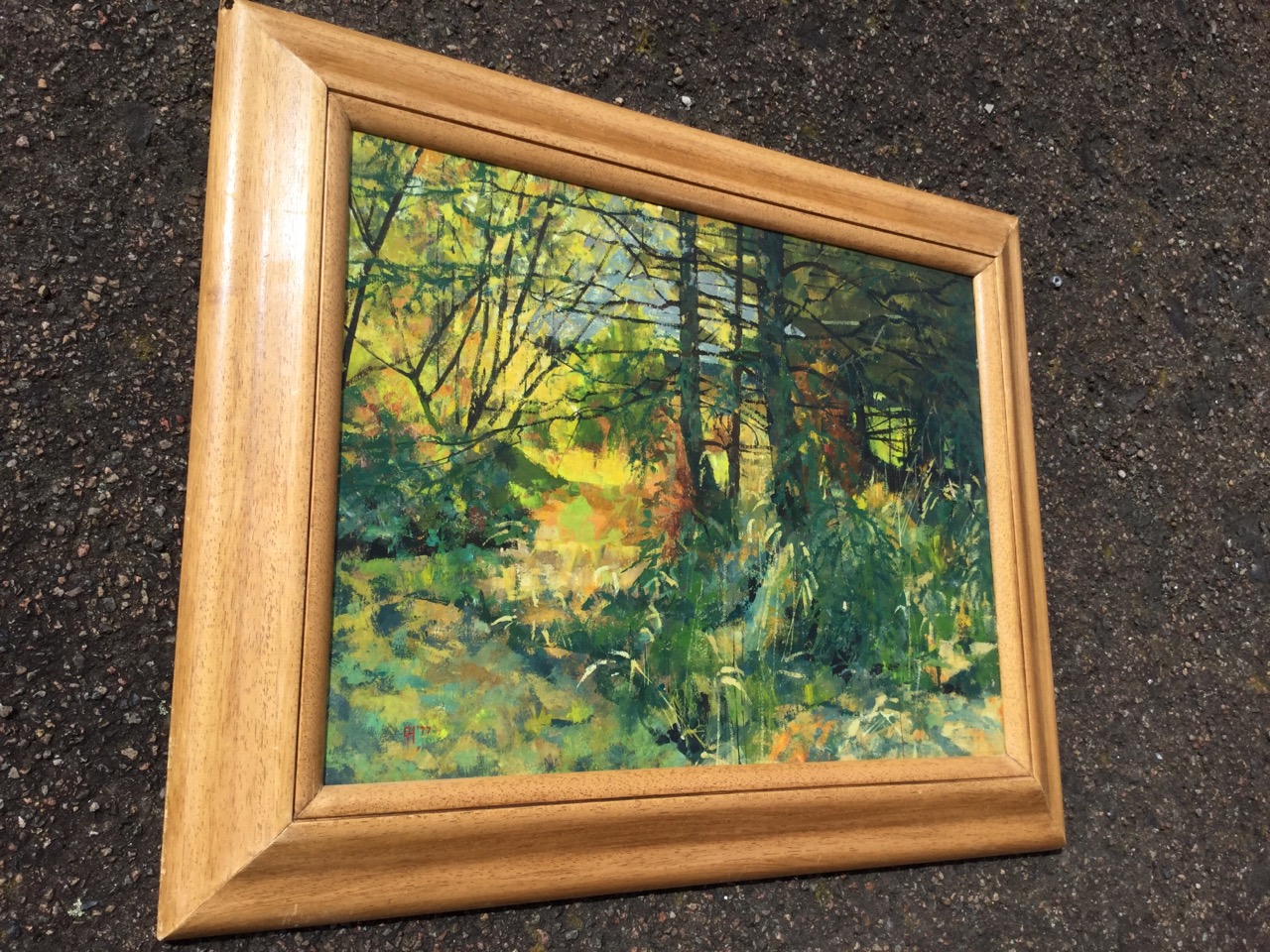 Eric Huntley, oil on board, garden landscape with trees, signed with monogram, titled with label - Image 3 of 3