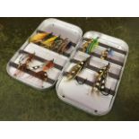 A Wheatley Silmalloy salmon fly box containing ten well dressed large old salmon flies. (6in x 3.