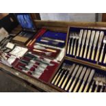 Miscellaneous cased carving sets including some with silver collars, cased fish sets with ivory