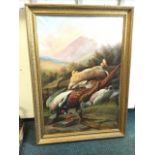 John Bucknell Russell, oil on canvas, game in landscape, signed and in gilt & gesso frame. (23.5in x