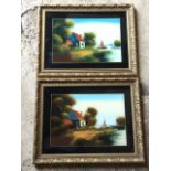 Naive late nineteenth century reverse glass paintings, a pair, coastal landscapes with sailing