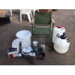 Miscellaneous items including a canvas folding chair, a gas stove, home beer & wine making