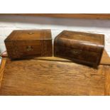 A Victorian walnut sewing box with rounded hinged lid, decorated with geometric inlaid banding and
