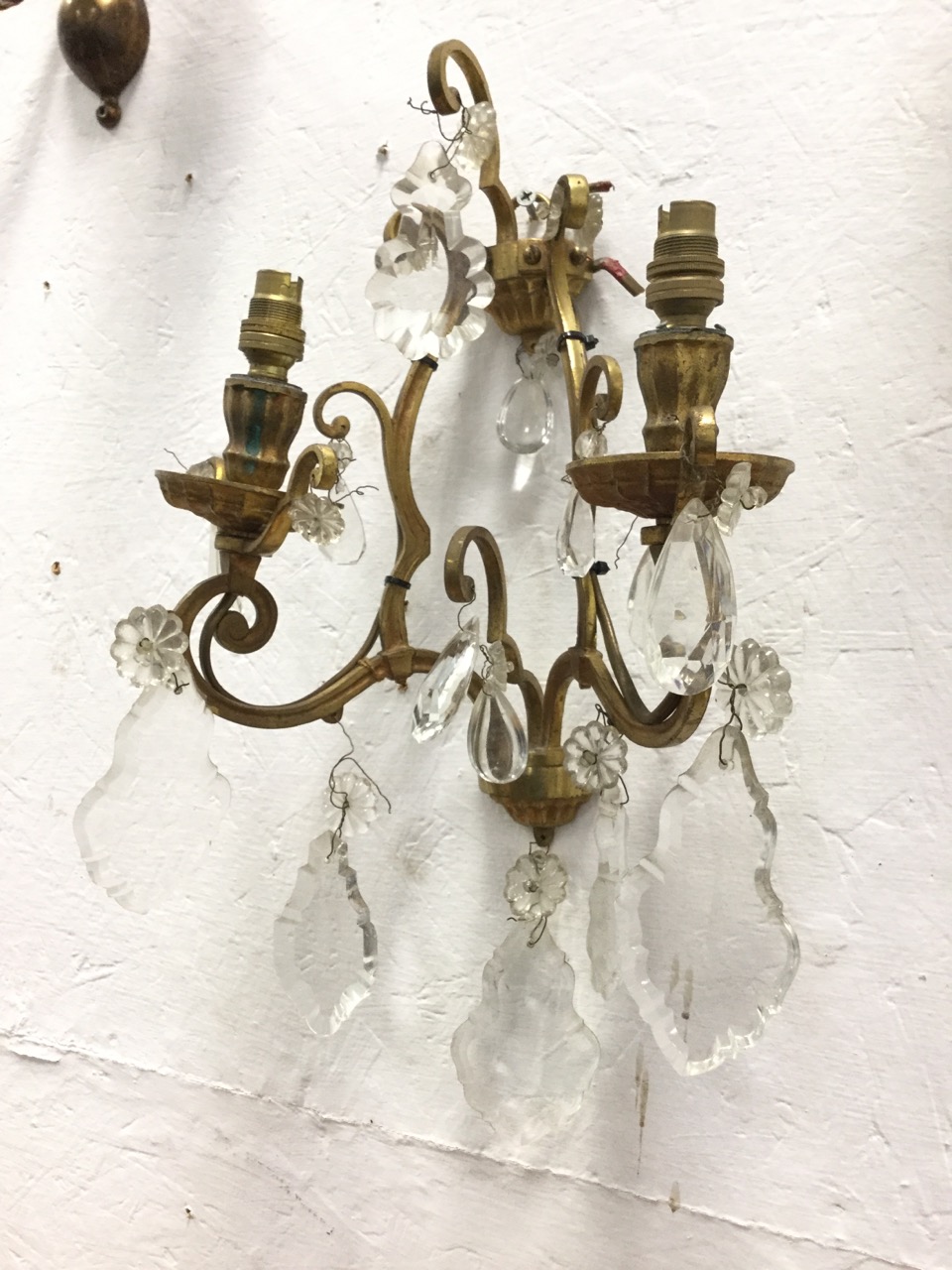 A pair of brass wall lights having scrolled branches hung with crystal drops; and another pair - Image 2 of 3