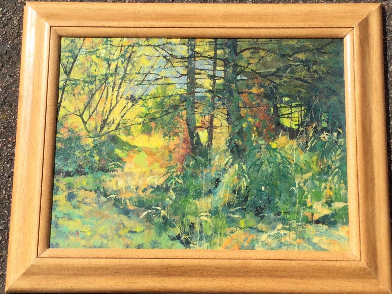 Eric Huntley, oil on board, garden landscape with trees, signed with monogram, titled with label