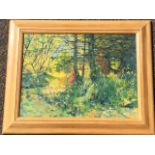 Eric Huntley, oil on board, garden landscape with trees, signed with monogram, titled with label