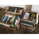 Three boxes of books including novels, fiction, crime, antiques, reference, biographies, travel,