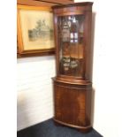 A bowfronted mahogany corner cabinet with moulded dentil cornice above an astragal glazed door
