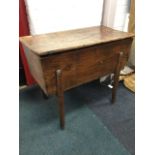 A rectangular nineteenth century country elm box, the single plank lid with cranked iron hinges,