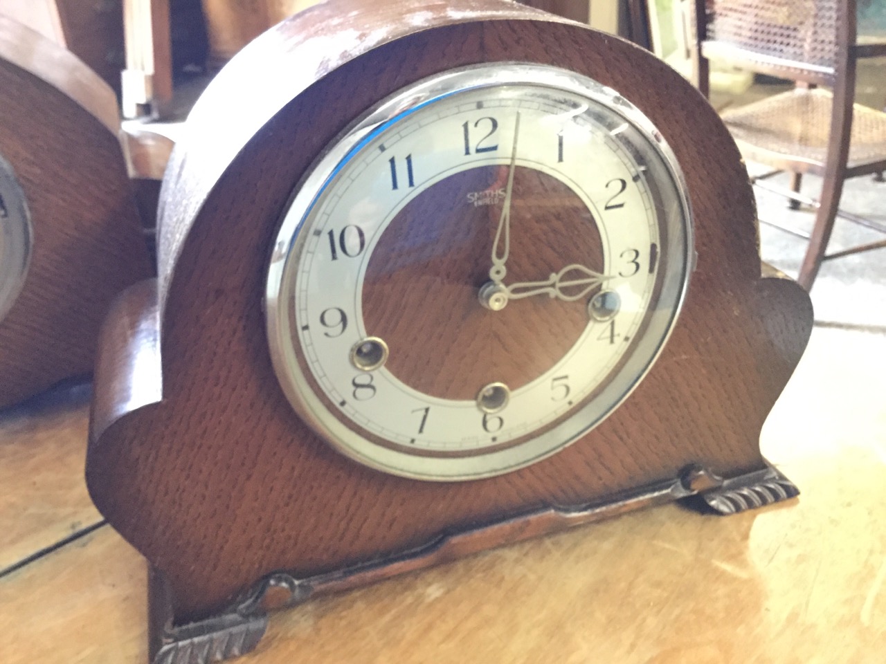 A 30s oak cased Smiths Enfield mantle clock with silvered chapter ring under convex glass; another - Image 2 of 3