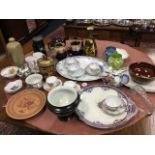 Miscellaneous ceramics & glass including Victorian teapots, ashets, a pair of marbled glass vases,