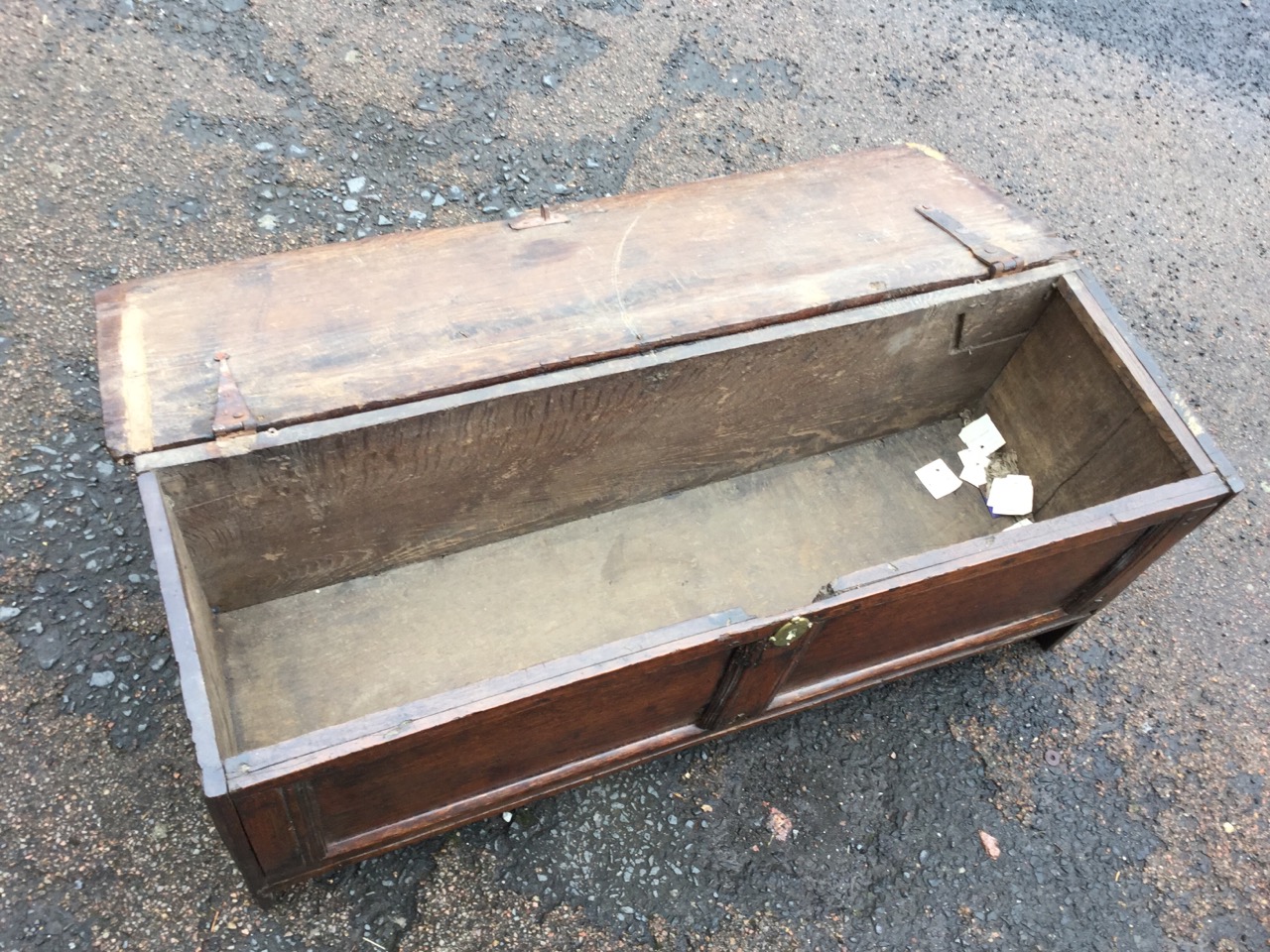 A seventeenth century oak sword chest or six plank coffer, the rectangular moulded top with band - Image 2 of 3