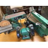 Three Firm bench top electric tools - a sander, a grinder and a jigsaw. (3)