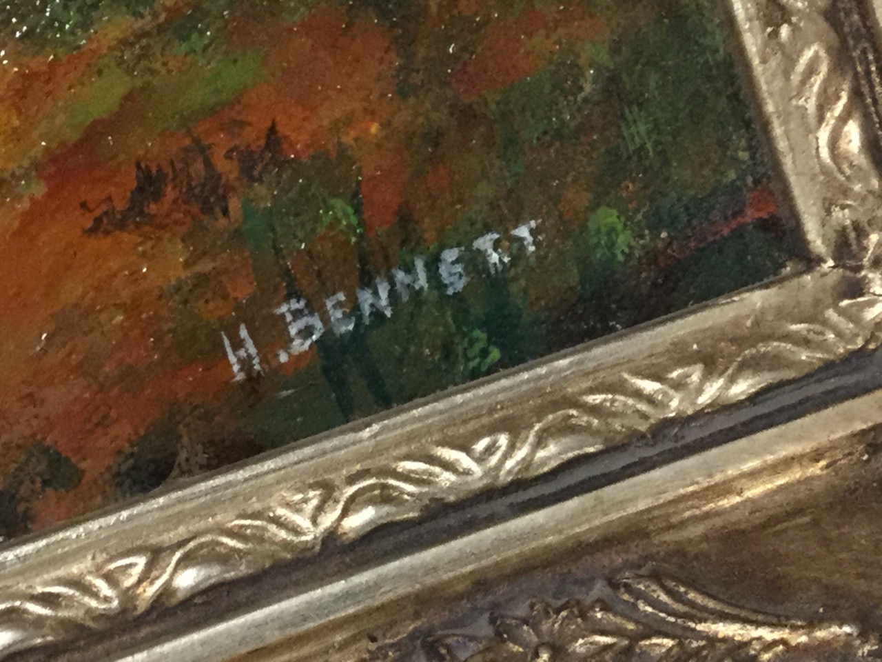 H Bennett, oil on canvas, farmyard scene with calves, hens & dog, signed, in swept gilt frame. (15. - Image 3 of 3