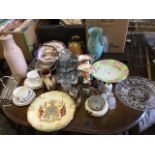 Miscellaneous ceramics, glass and silver plate including commemorative plates, cruets, a pair of