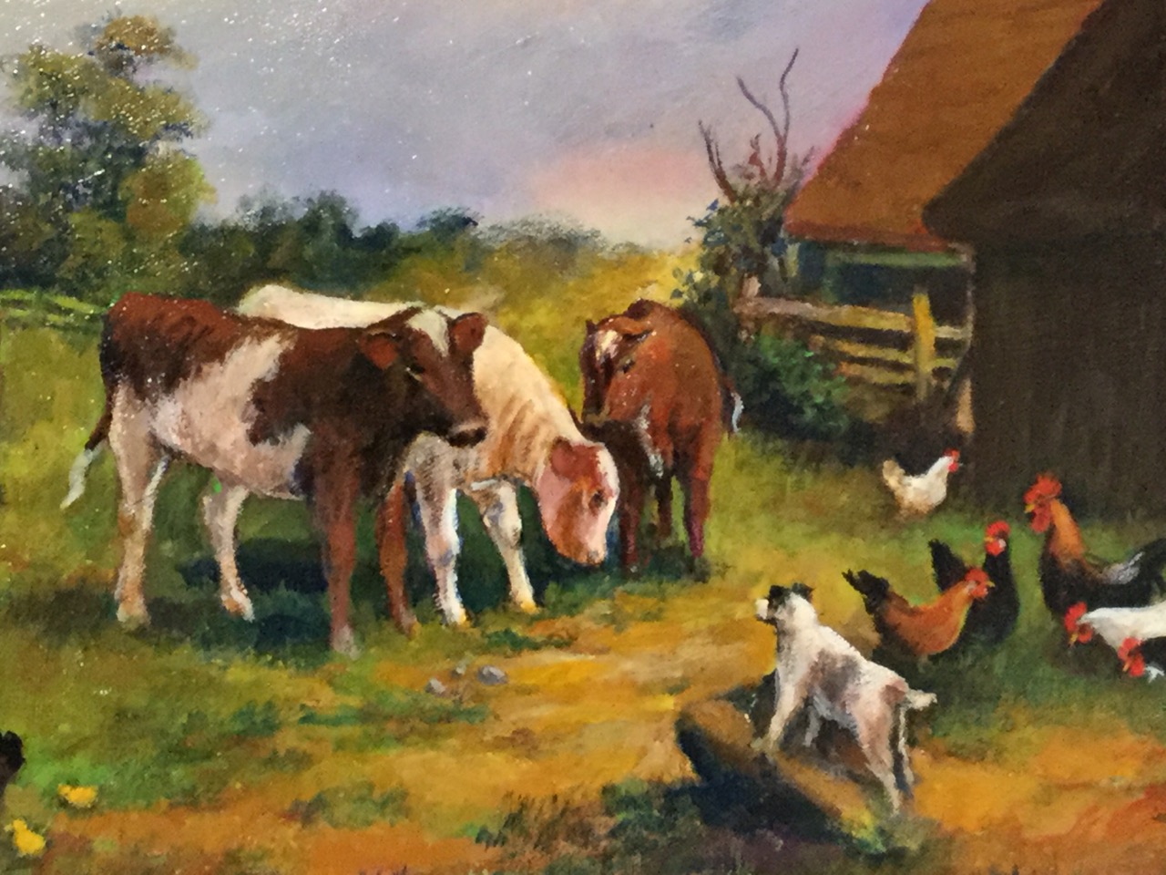 H Bennett, oil on canvas, farmyard scene with calves, hens & dog, signed, in swept gilt frame. (15. - Image 2 of 3