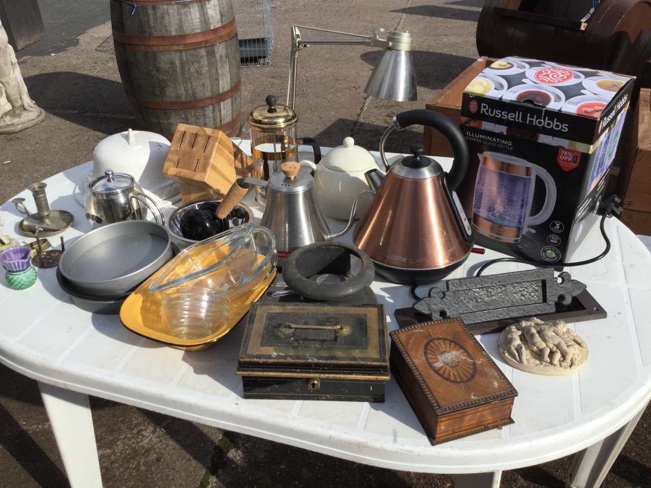 Miscellaneous items including old tins, a ceramic front door knob, a Goodmans copper electric