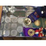 A tin of miscellaneous coins & medals - commemorative, National Rifle Association, Italian,