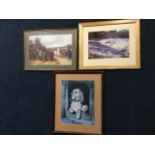 Three framed prints - dogs after Landseer, a Victorian race meeting, and a leaping salmon. (3)