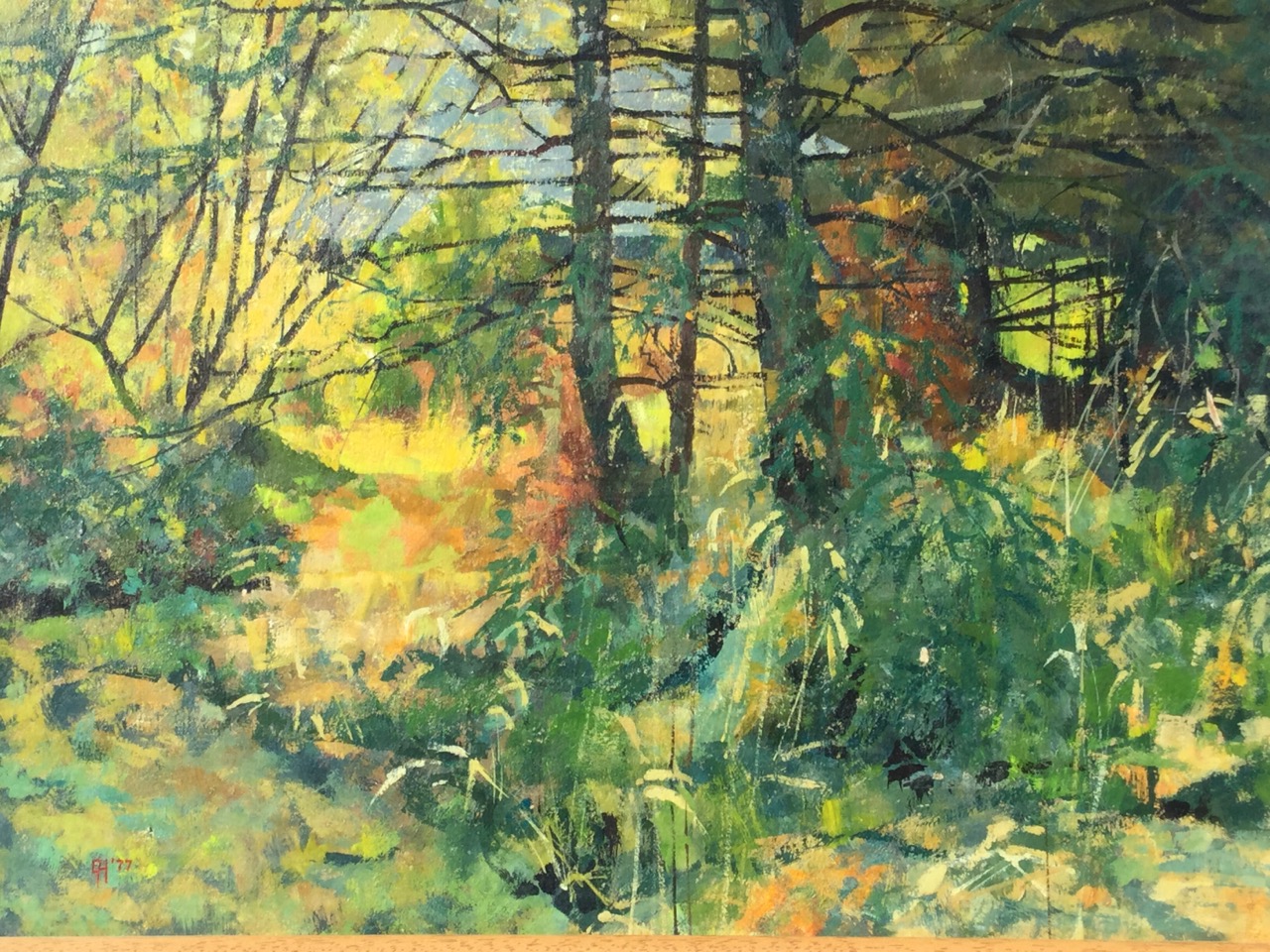 Eric Huntley, oil on board, garden landscape with trees, signed with monogram, titled with label - Image 2 of 3