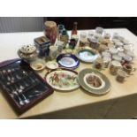 A cased set of silver plated and pewter enamelled type commemorative spoons; and miscellaneous