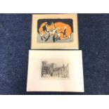 H Posob, a 1965 framed Russian print of a fox family, signed in pencil on margin, framed; and a