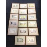 A set of 17 framed UK Wildlife Habitat Trust stamp prints, the set commemorating different wild