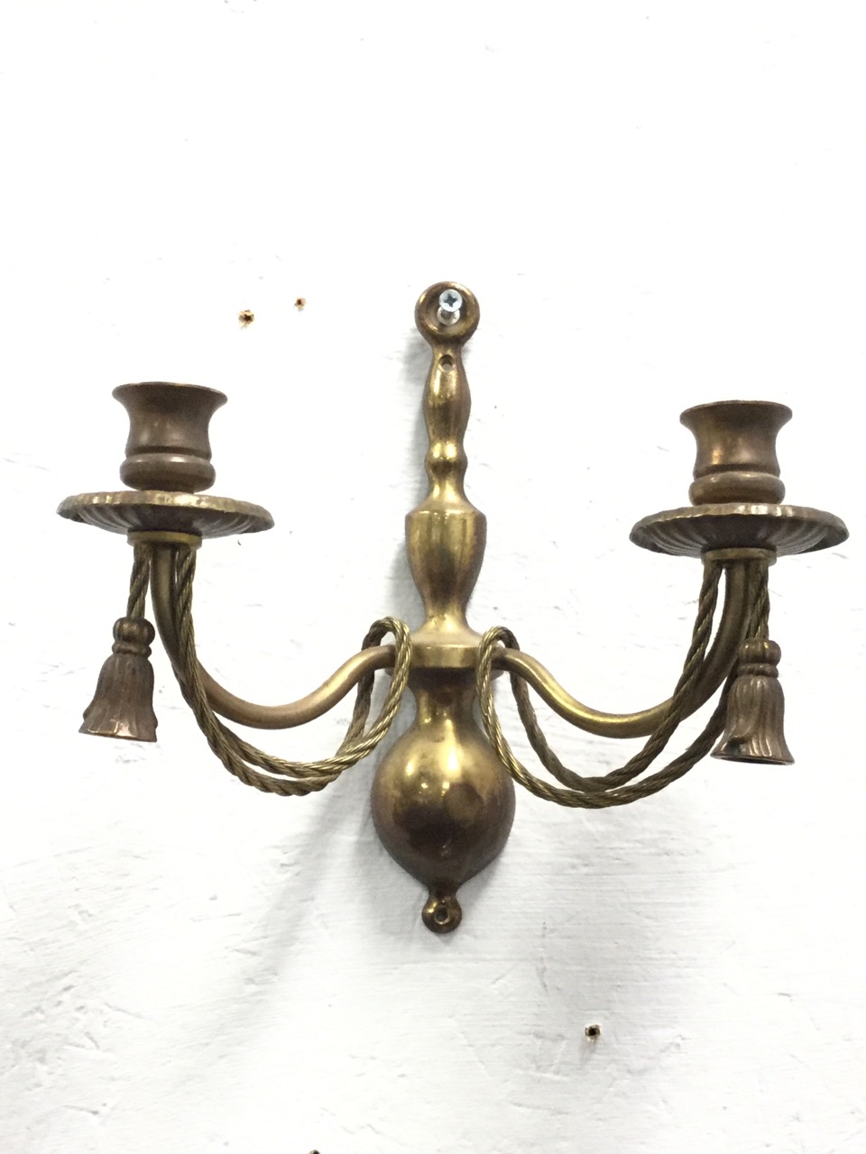 A pair of brass wall lights having scrolled branches hung with crystal drops; and another pair - Image 3 of 3