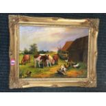 H Bennett, oil on canvas, farmyard scene with calves, hens & dog, signed, in swept gilt frame. (15.