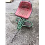 A garden mower seat with 22in twin roller, having adjustable shaft and sprung cushion chair.