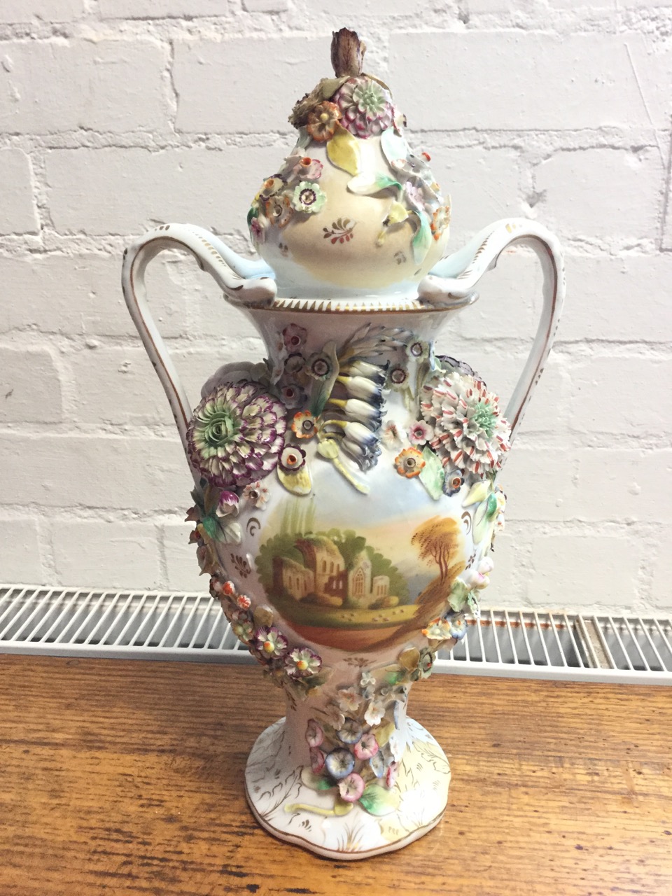 A pair of nineteenth century Staffordshire Coalport style vases and covers, heavily encrusted with - Image 2 of 3