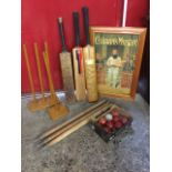 A cricket lot including three bats, nine various balls, a framed advertising poster depicting