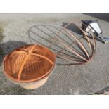 A D shaped iron stable hay rack of slatted construction; a tapering lantern top with moulded lid