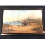 Edwardian oil on canvas, coastal town with pier, boats leaving harbour, and figures on beach, signed