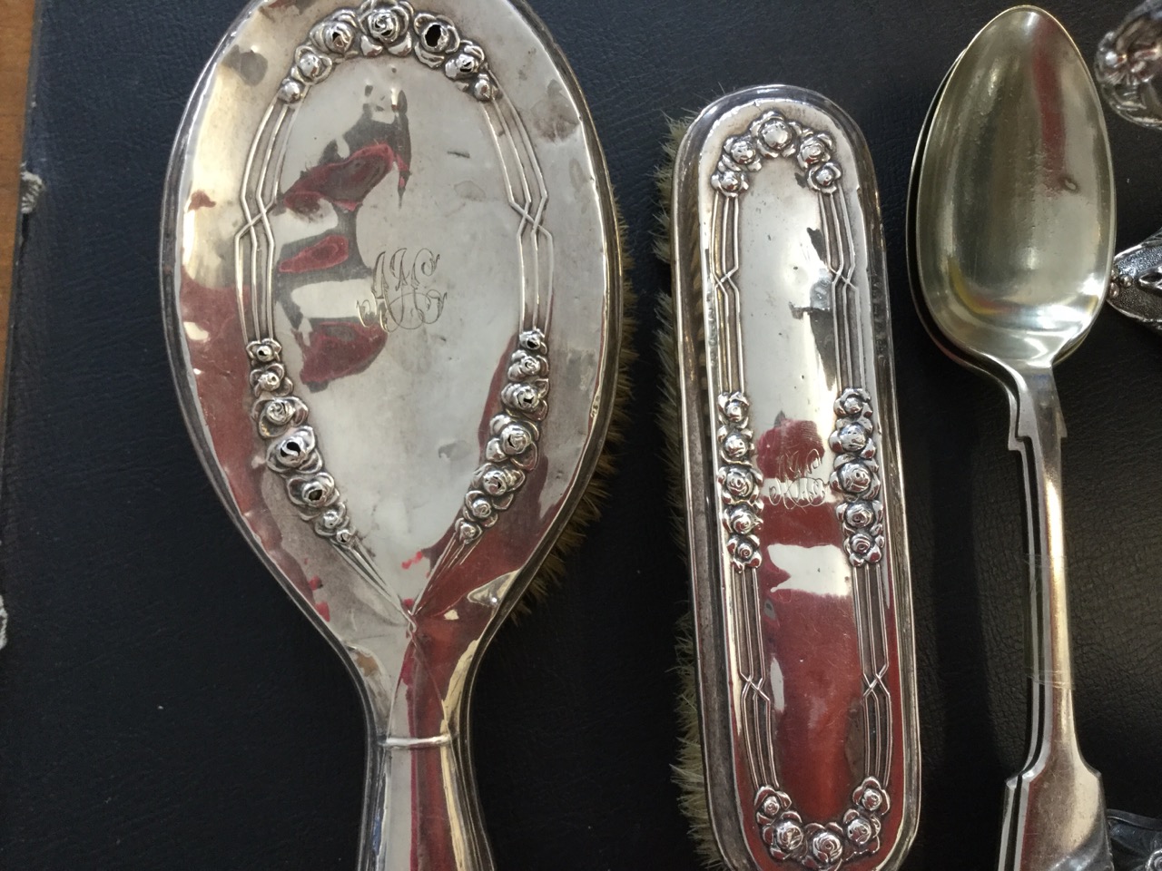 Miscellaneous silver & plate including a Birmingham hallmarked pair of brushes, a set of six tea - Image 3 of 3