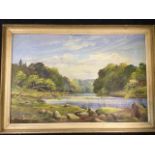 Alan B Charlton, oil on canvas, river landscape, signed, titled to verso River North Tyne at