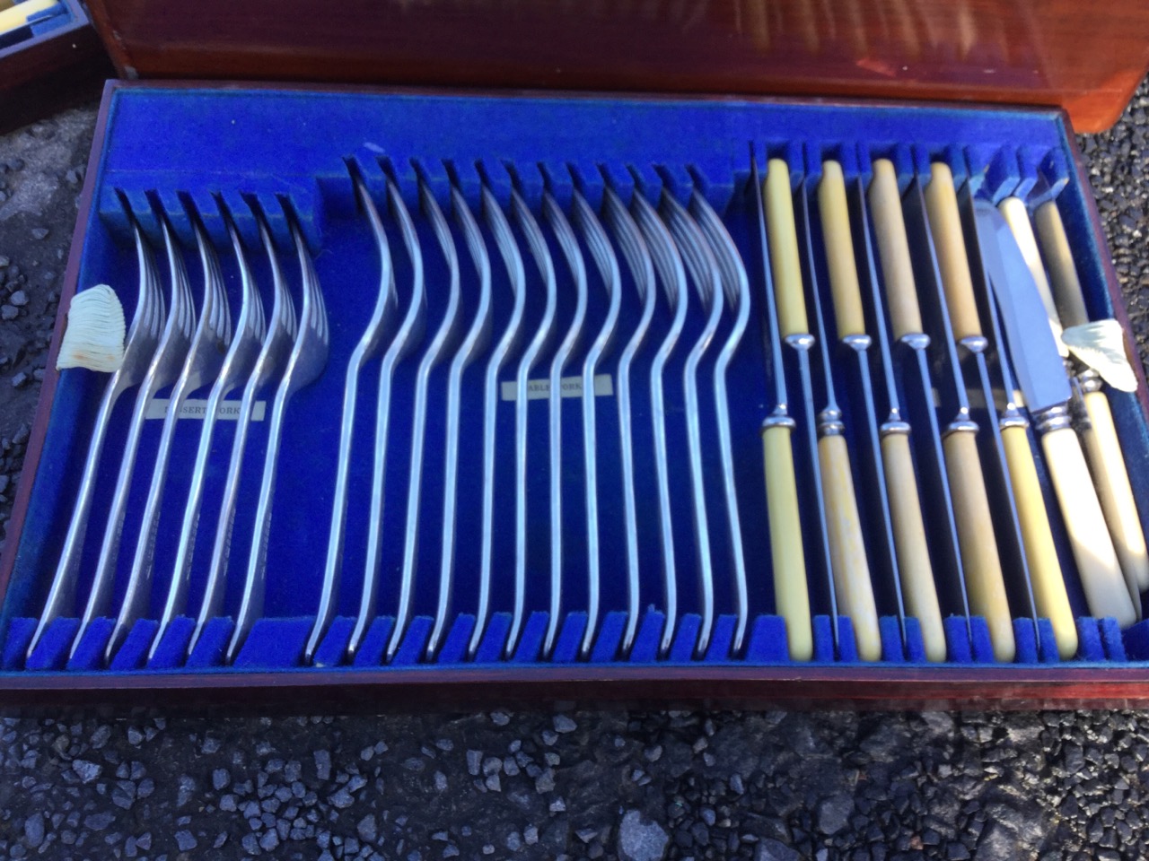 An early C20th mahogany cased canteen of silver plated Walker & Hall cutlery, the almost complete - Image 2 of 3