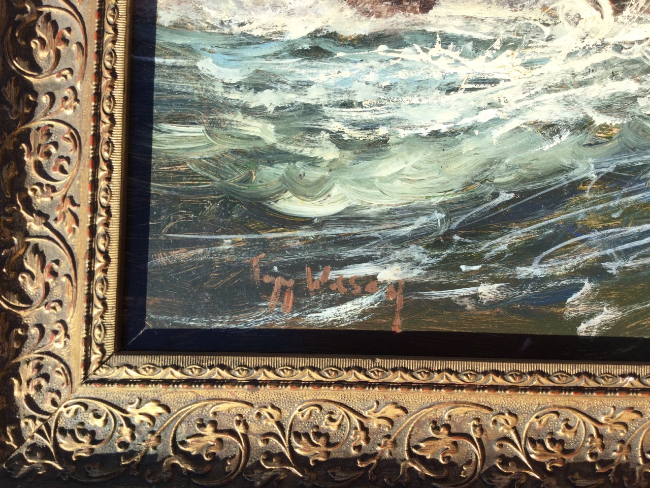 Thomas Wilson, oil on board, sailing boats on choppy seas, signed, label verso titled Fishing off - Image 2 of 3