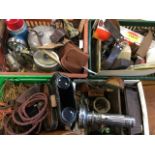 Four boxes of miscellaneous items including a measuring chain, two cased pairs of binoculars,