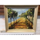 Lambert, oil on canvas, sunny coastal view with beach, signed and framed. (21in x 17.75in)