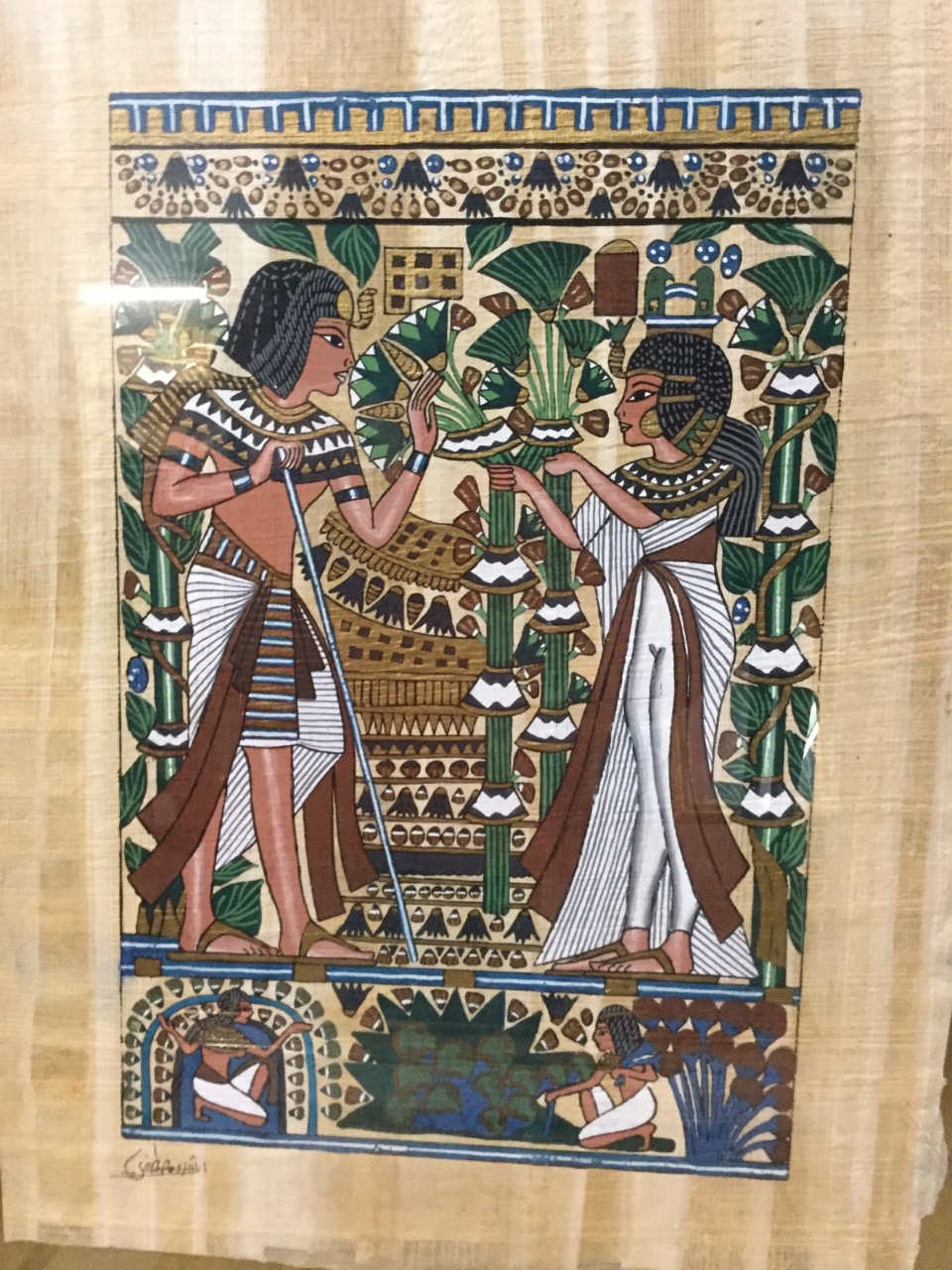 A pair of Egyptian papyrus style paintings, hunting lions and King Tutankhamen etc, the signed - Image 3 of 3
