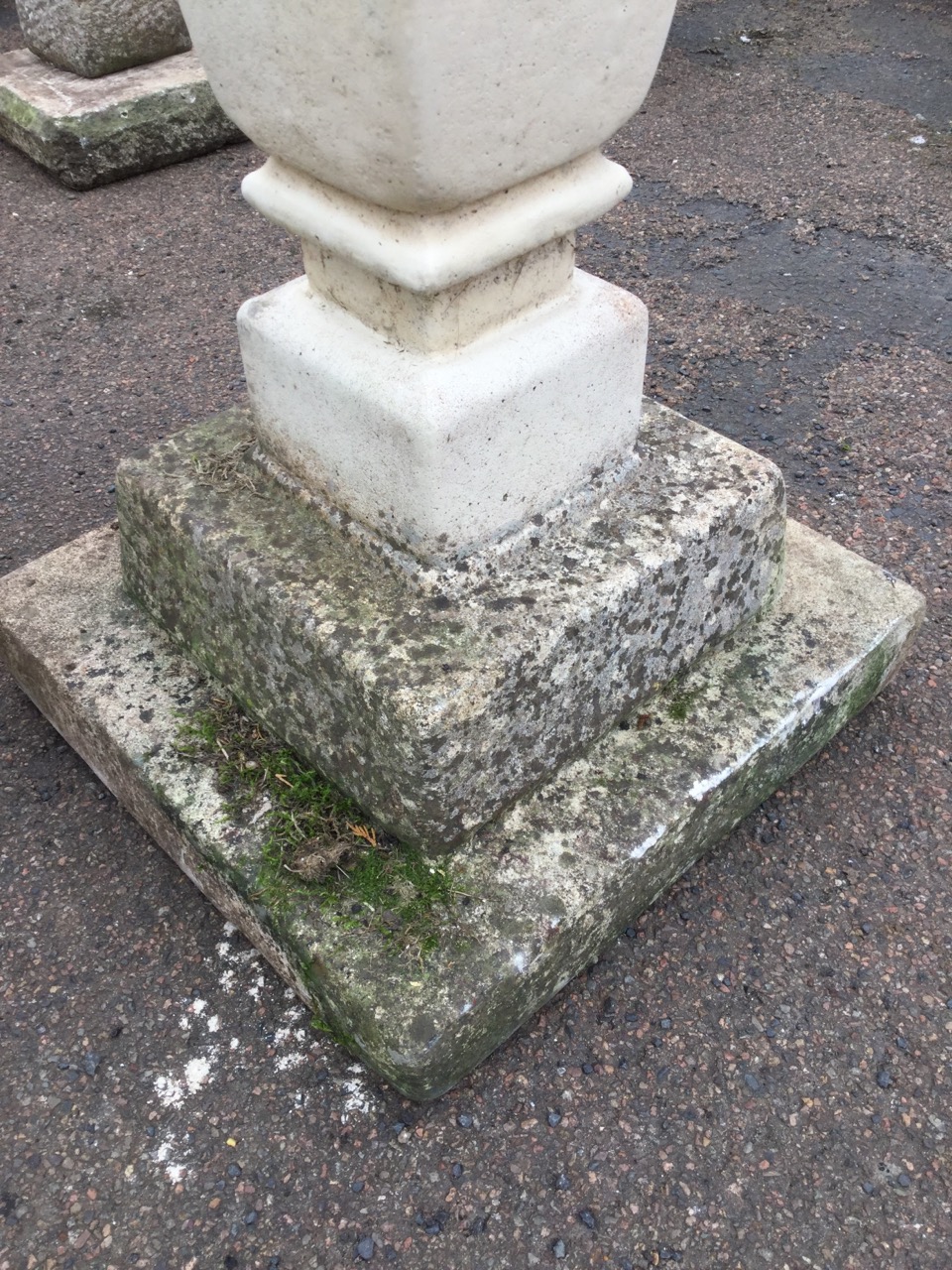 A composition stone birdbath, with square basin on later column, above a stepped plinth base. ( - Image 3 of 3