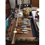 A Hardy Richard Walker fibre carp rod - No1; a set of woodworking chisels and a plane blade; and