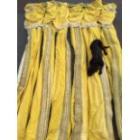 A set of six lined & interlined raw silk style curtains, with scrolled braid applied to green