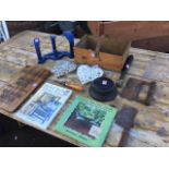 Miscellaneous collectors items including a pine tomato box, kitchen choppers, a hardwood chopping