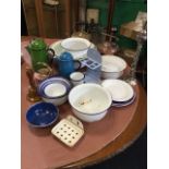 A collection of miscellaneous enamelled tinware - bowls, a potty, coffee pots, soap dishes, etc;