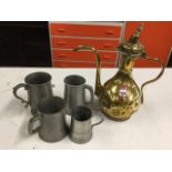 A nineteenth century Ethiopian brass coffee pot with swan-neck spout and hinged cover; and four