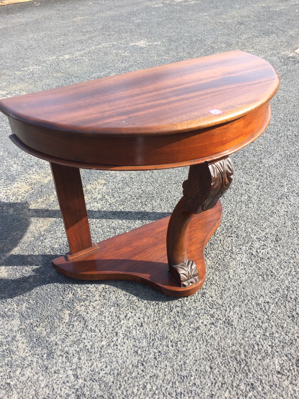 A Victorian mahogany hall table of D shaped outline, having plain frieze supported on acanthus - Image 3 of 3