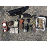 Miscellaneous collectors items including flasks, binoculars, a Wheatley fly box with flies, a Rabone