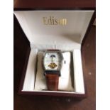 A boxed stainless steel Edison gentlemans automatic wristwatch, with moonphase & date dial, fitted